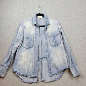 Cloth & Stone Shirt Womens XS Faded Blue Denim Shirttail Button Down Bleached‎